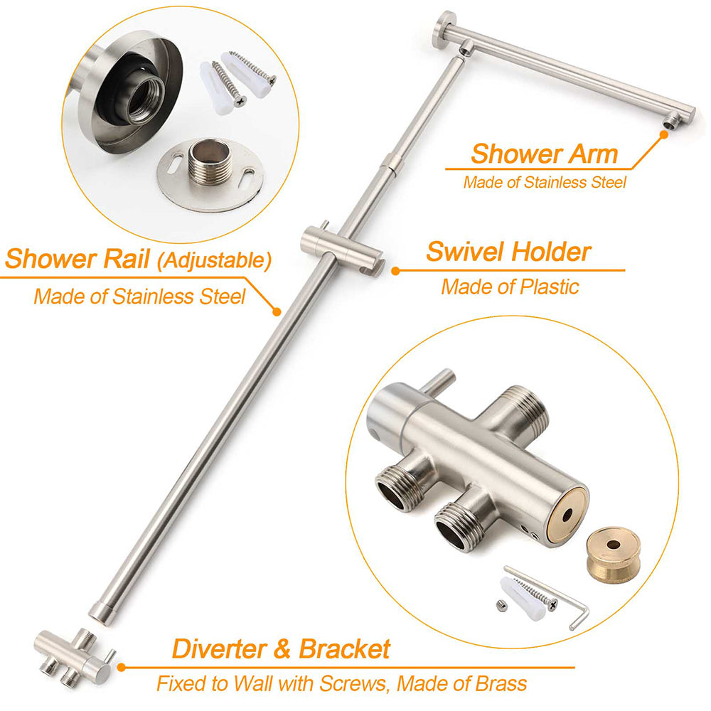 Brushed Nickel Round 12" SUS Rain Head Metal Handheld Shower Sliding Rail Arm Chrome Set + Twin Taps
