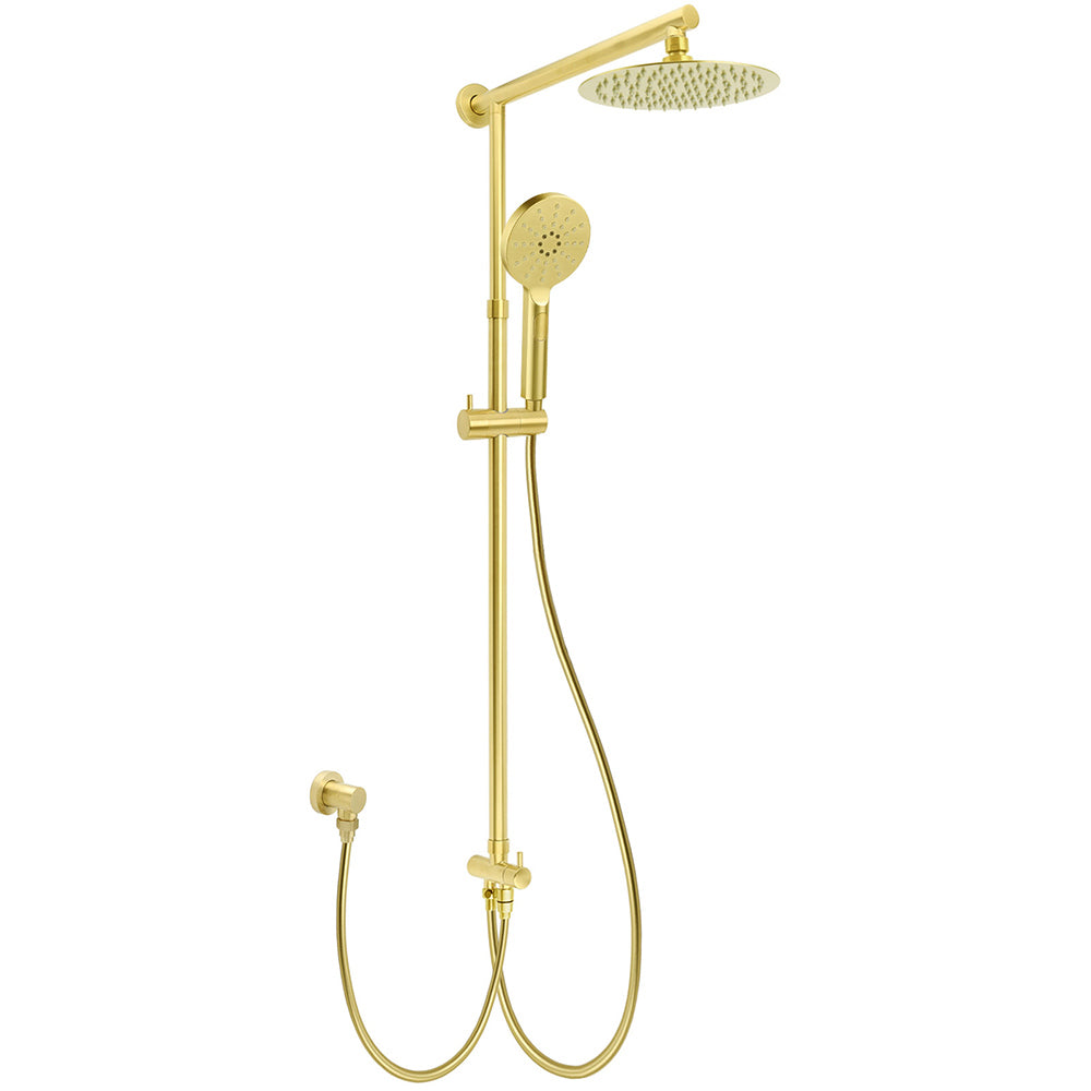 WELS Brushed Gold Twin Shower 8" Round Head Set 3 Mode Handheld Rose Sliding Rail Arm