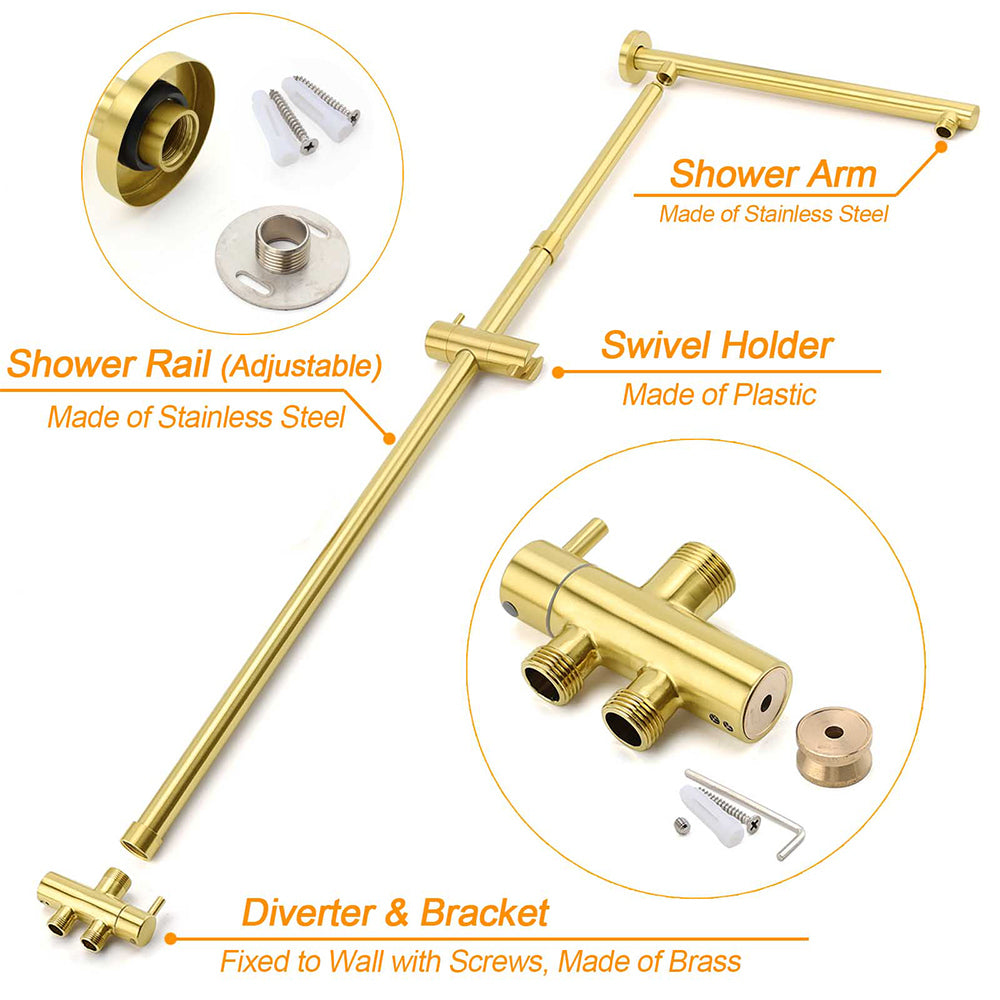 WELS Brushed Gold Twin Shower 8" Round Head Set 3 Mode Handheld Rose Sliding Rail Arm
