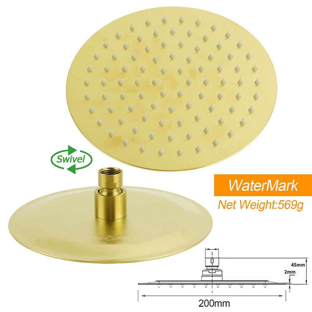 WELS Brushed Gold Twin Shower 8" Round Head Set 3 Mode Handheld Rose Sliding Rail Arm