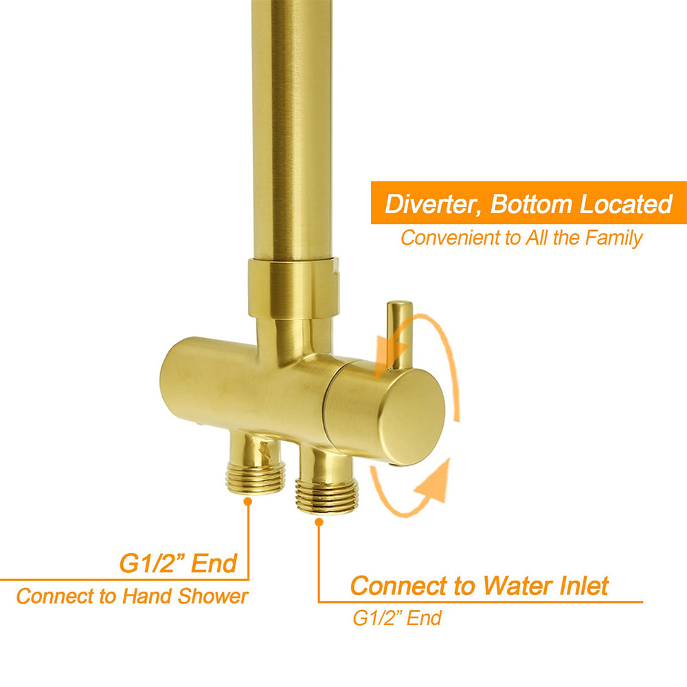 WELS Brushed Gold Shower 8" Round Head 3 Mode Handheld Rose Sliding Rail Mixer Dual Set