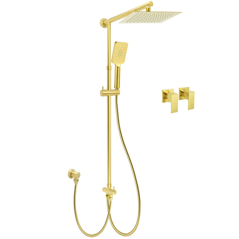 Brushed Gold Square 10" Rain Head 3 Mode Handheld Sliding Rail Wall Arm Dual Shower Taps Set