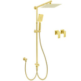 Brushed Gold Square 10" Rain Head 3 Mode Handheld Sliding Rail Wall Arm Dual Shower Taps Set
