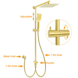 Brushed Gold Square 10" Rain Head 3 Mode Handheld Sliding Rail Wall Arm Dual Shower Taps Set