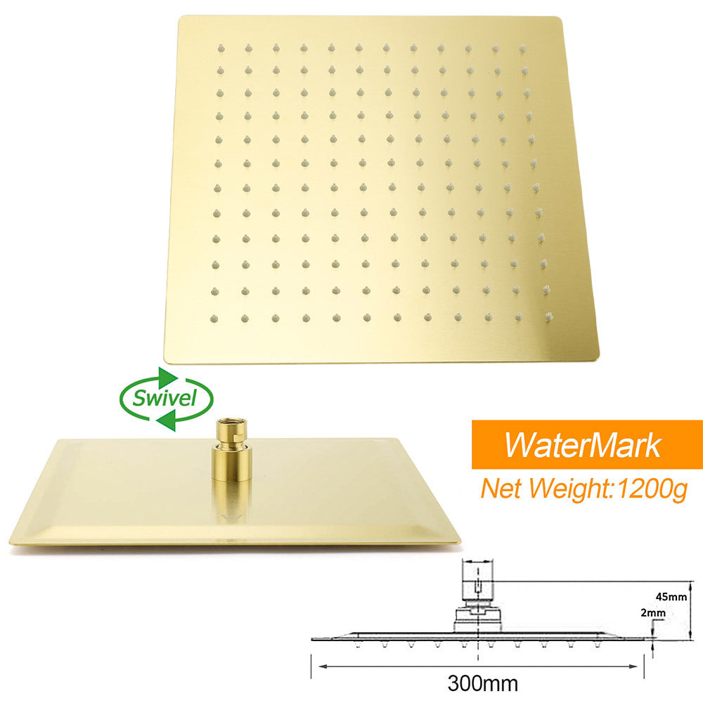 Brushed Gold Square 12" Rain Head 3 Mode Handheld Rose Sliding Rail Wall Arm Dual Shower Taps Set