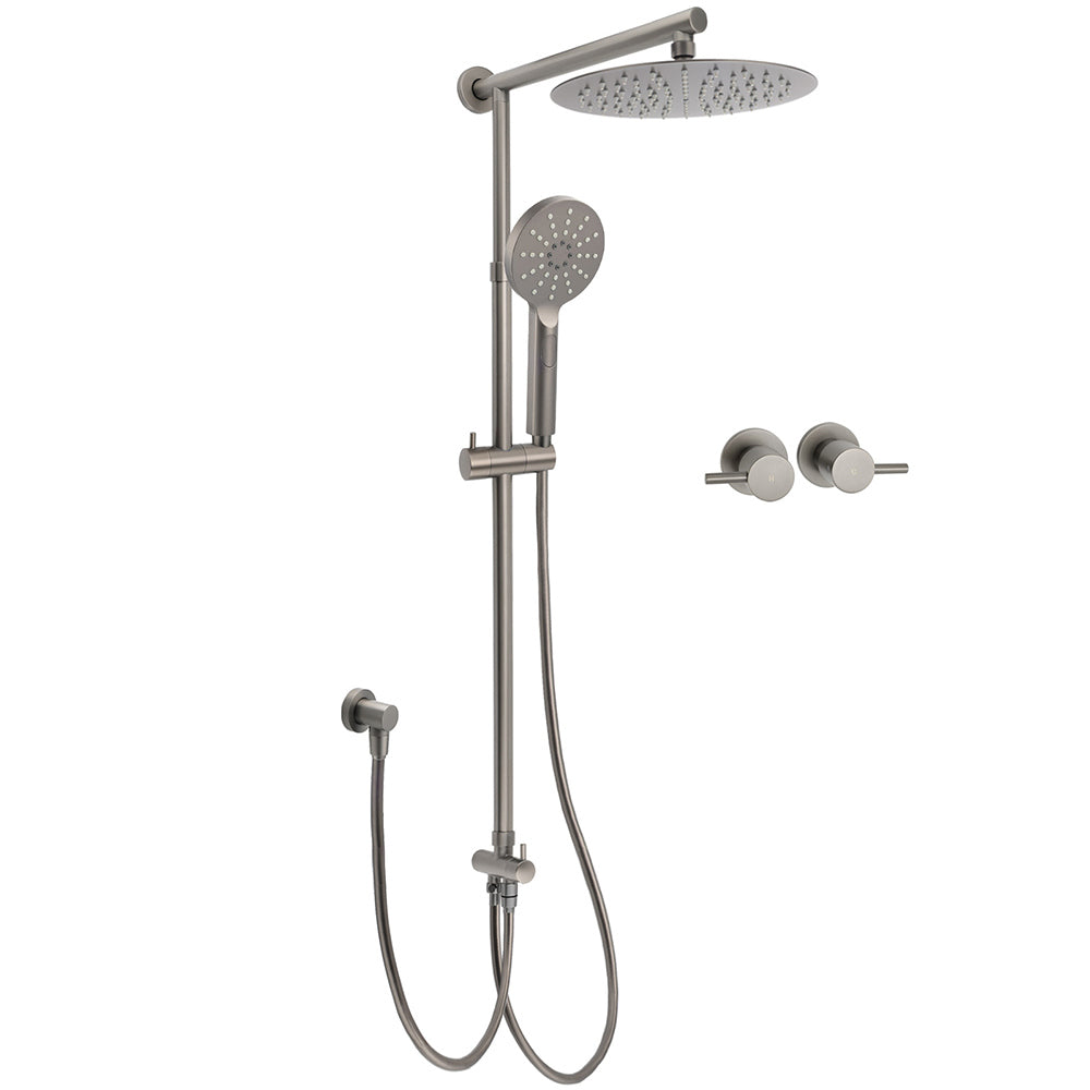 WELS Gun Metal 2in1 Round Shower 10" Rain Head 3 Mode Handheld Sliding Rail Twin Taps Set