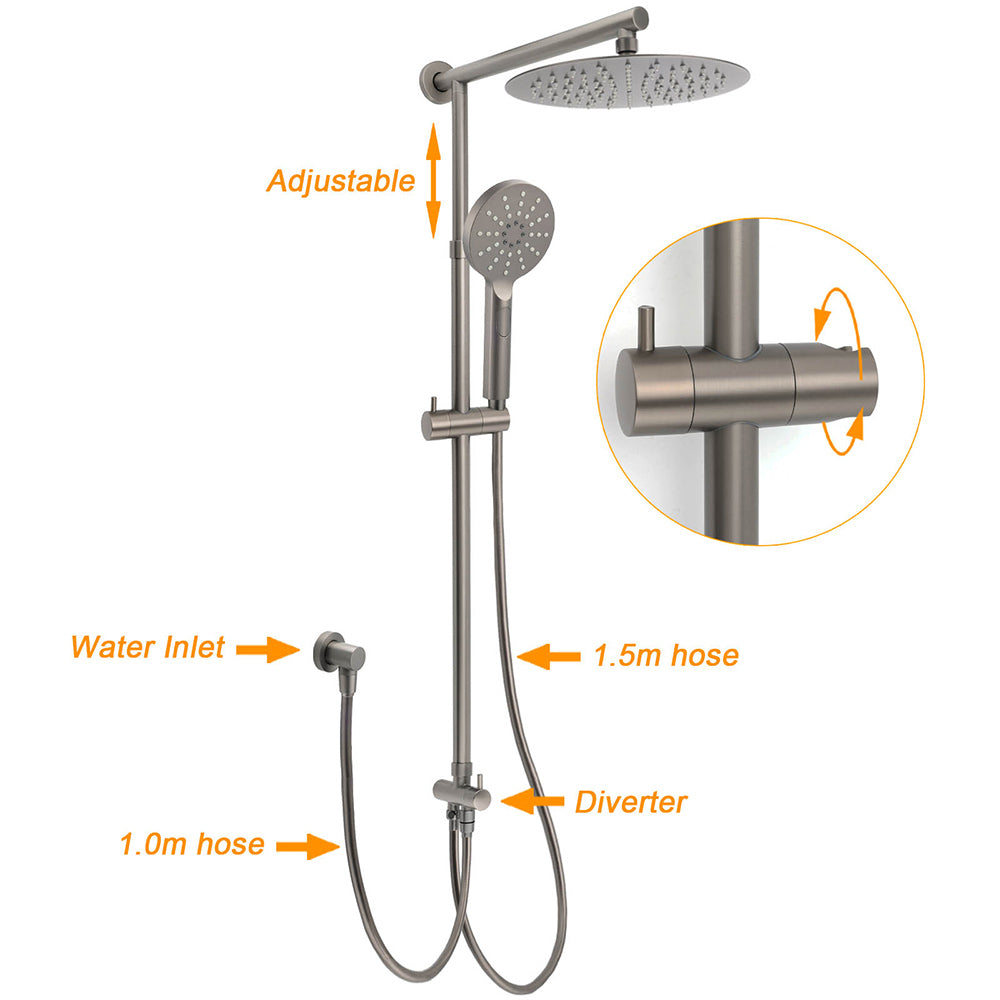 Gun Metal Round Shower 2in1 Set 10" Rain Head 3 Modes Handheld Sliding Rail Small Face Mixer