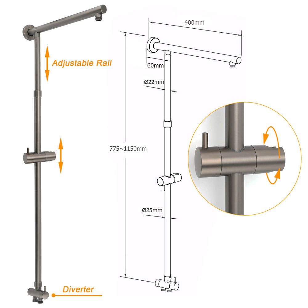 WELS Gun Metal 2in1 Shower Set Square 12" Rain Head 3 Modes Handheld Silde Rail Hot Cold Mixer