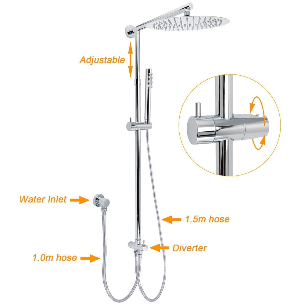 WELS Round 12" Rain Twin Shower Head Stainless Steel Handheld Wall Rail Chrome Mixer Valve Set