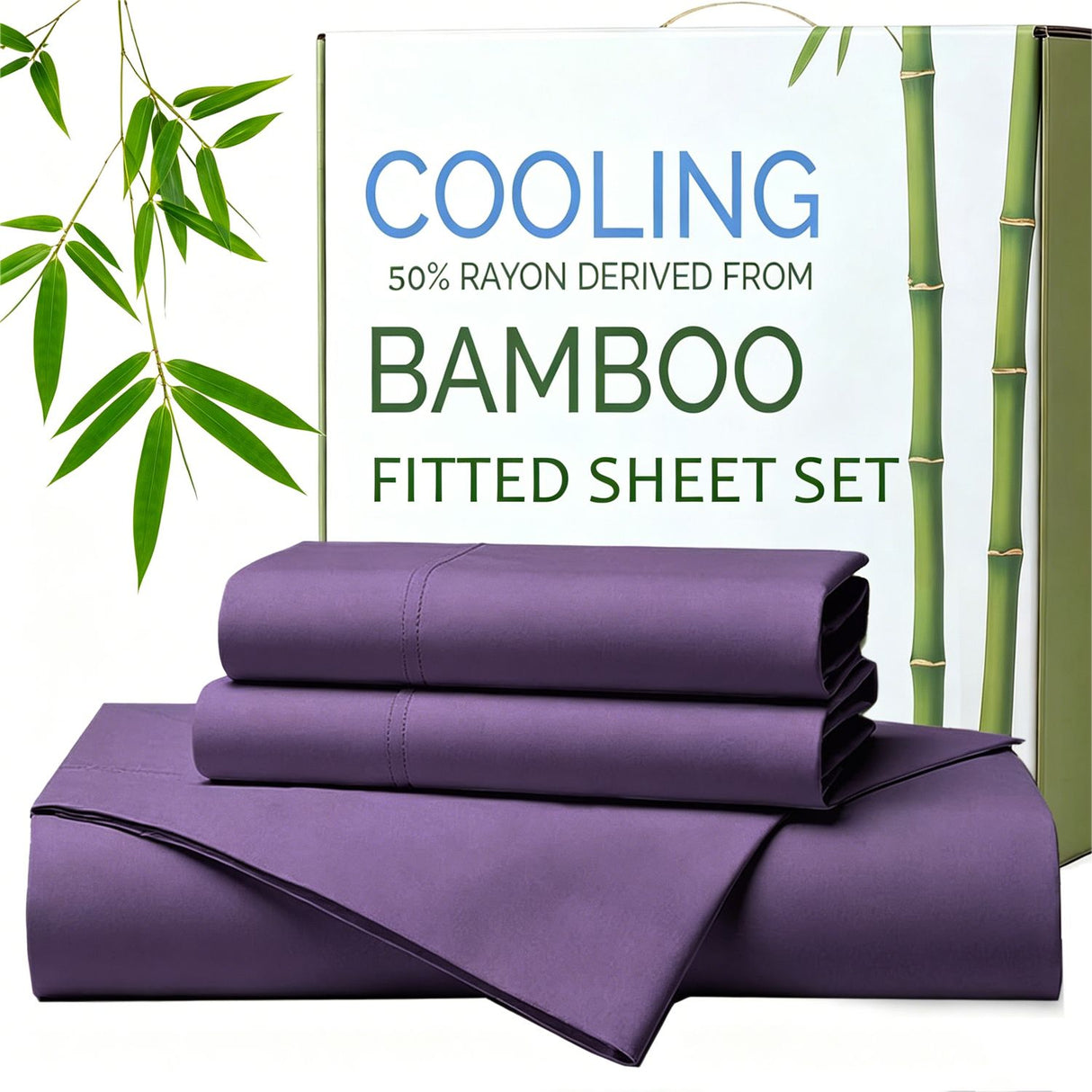 Hotel Breathable Bamboo Fitted Sheet & Pillowcase-3 Piece-Ultra Soft 2000TC Breathable Fitted Bed Sheets Set with 37 Centimetre Deep Pocket-Cooling Sheets for Hot Sleepers(Purple,King)