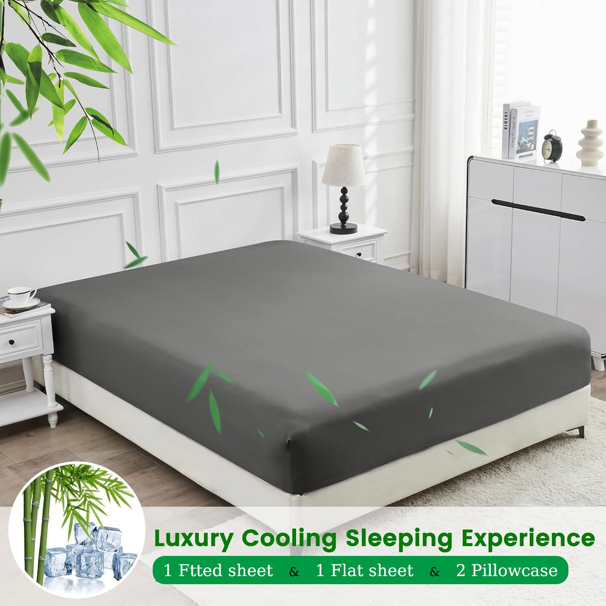 Hotel Breathable Bamboo Fitted Sheet & Pillowcase-2 Piece-Ultra Soft 2000TC Breathable Fitted Bed Sheets Set with 37 Centimetre Deep Pocket-Cooling Sheets for Hot Sleepers(Grey,King Single)