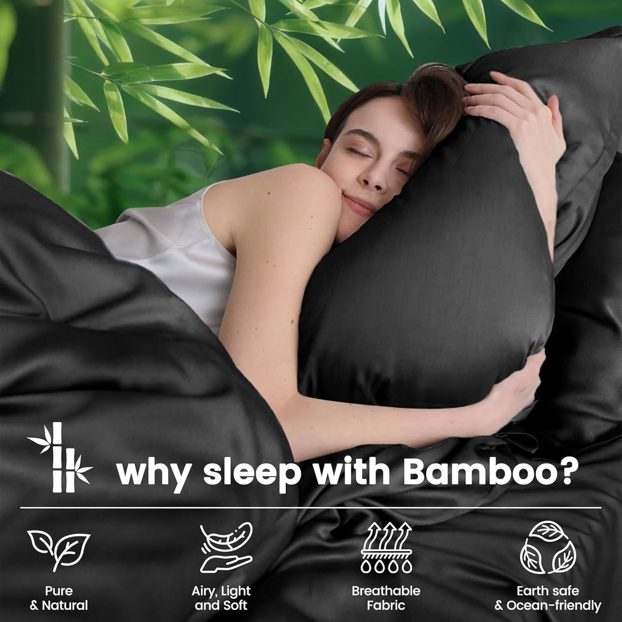 Hotel Breathable Bamboo Fitted Sheet & Pillowcase-3 Piece-Ultra Soft 2000TC Breathable Fitted Bed Sheets Set with 37 Centimetre Deep Pocket-Cooling Sheets for Hot Sleepers(Black,Queen)