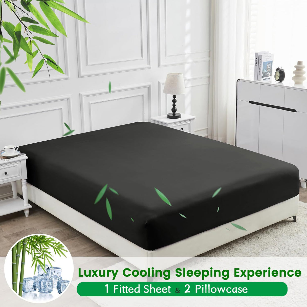Hotel Breathable Bamboo Fitted Sheet & Pillowcase-3 Piece-Ultra Soft 2000TC Breathable Fitted Bed Sheets Set with 37 Centimetre Deep Pocket-Cooling Sheets for Hot Sleepers(Black,Queen)