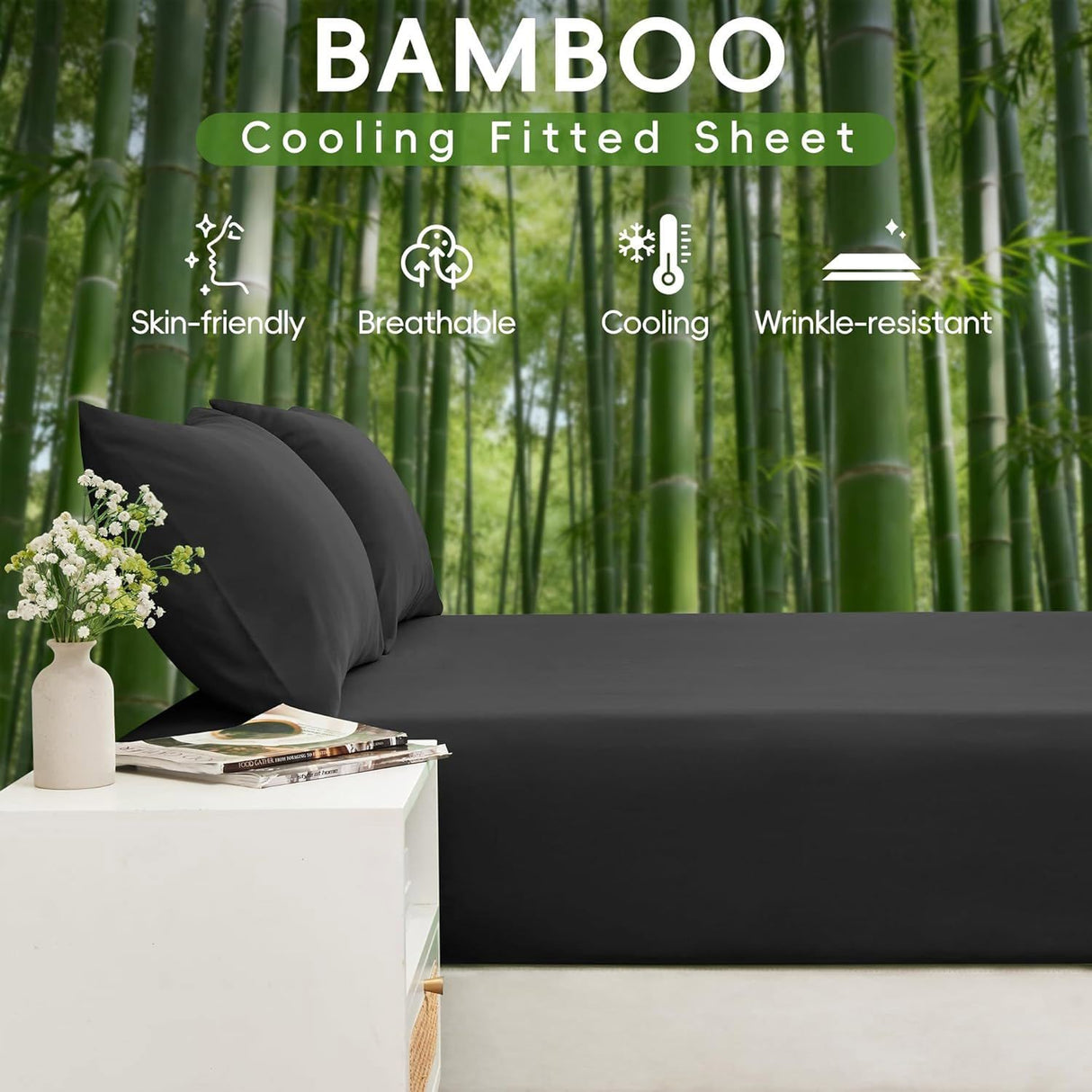4 Piece Ultra Soft Bamboo Breathable Sheet Set -Hotel 2000TC Breathable Bed Sheets Set with 37 Centimetre Deep Pocket-Breathable Sheets for Hot Sleepers(Black,Queen)