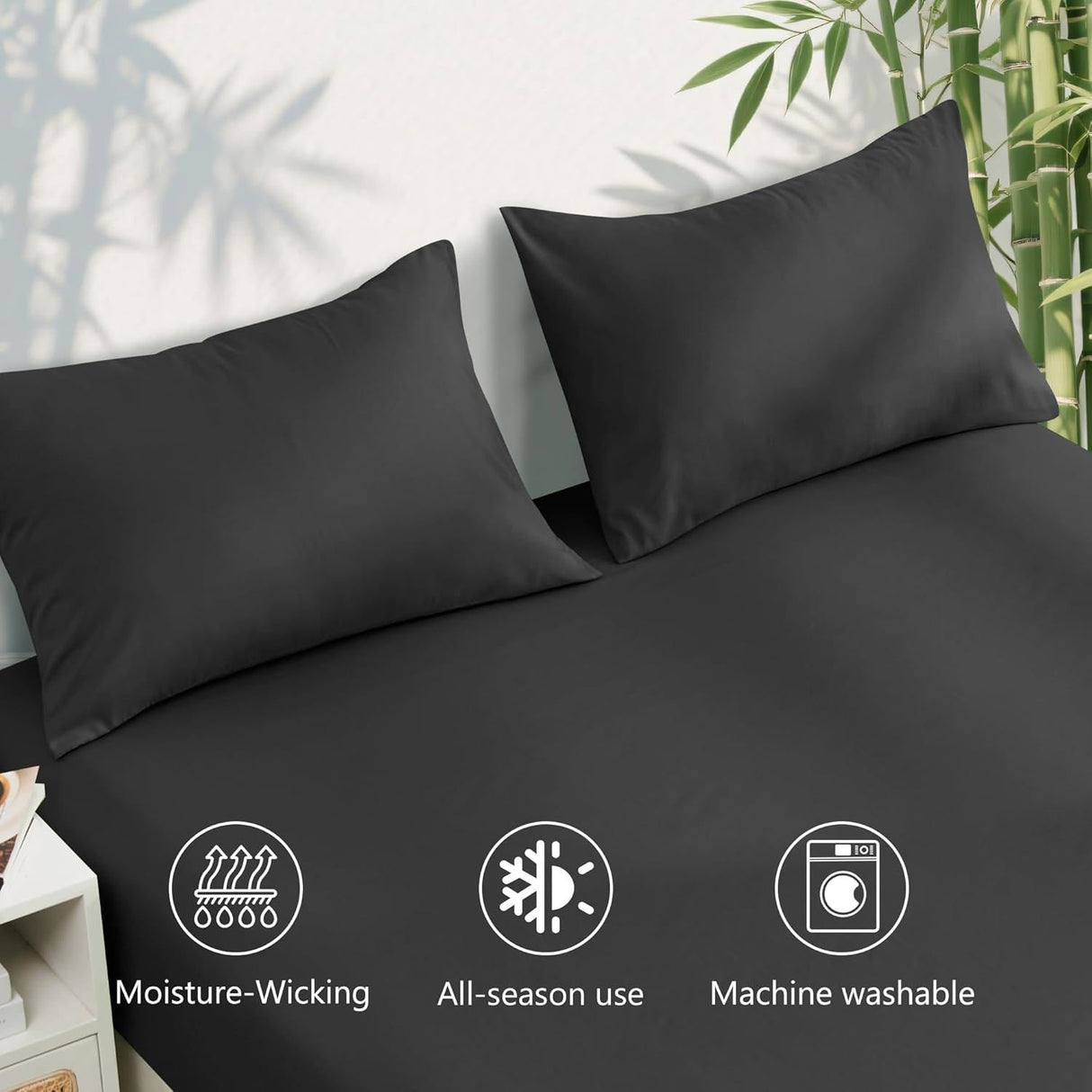 3 Piece Ultra Soft Bamboo Breathable Sheet Set -Hotel 2000TC Breathable Bed Sheets Set with 37 Centimetre Deep Pocket-Breathable Sheets for Hot Sleepers(Black,Single)