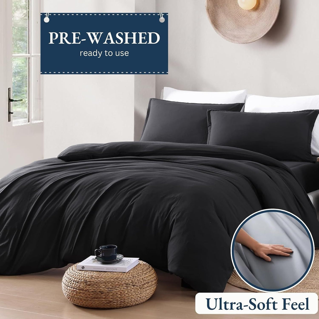 Hotel Soft Microfiber Duvet Cover Set-2000TC Quilt Cover Set & Pillowcases -1 Donna Cover Zipper Closure & 1 x Pillowcases-Breathable Bedding - Wrinkle, Fade, Stain Resistant(Black,Super King)