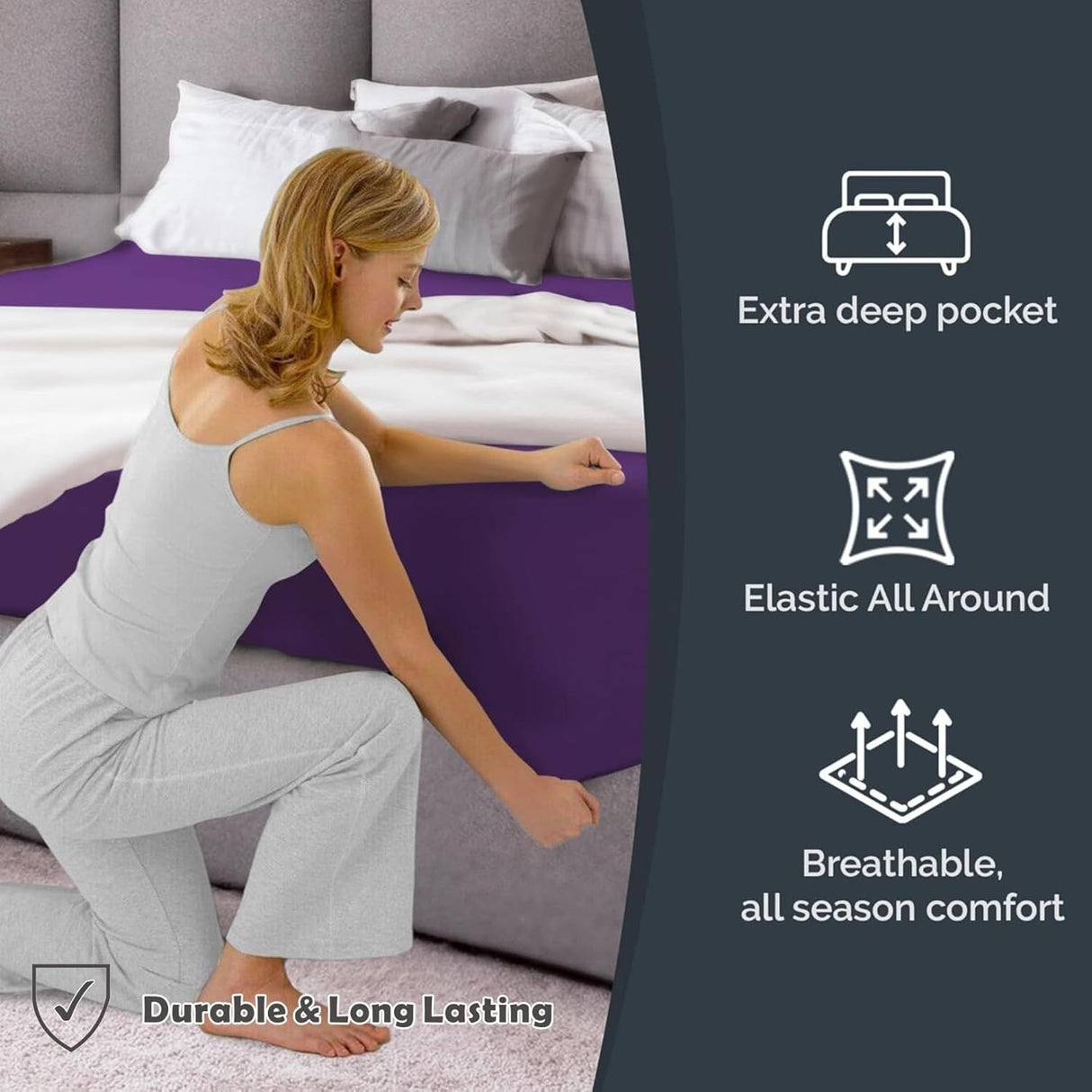 Hotel Quality Fitted Sheet - 1 Piece Fitted Sheet  -Breathable Bedding - Wrinkle, Fade, Stain Resistant- 16inch/40cm Deep Pocket Fitted Bed Sheet-Wrinkle and Fade Resistant,(Purple,Double)