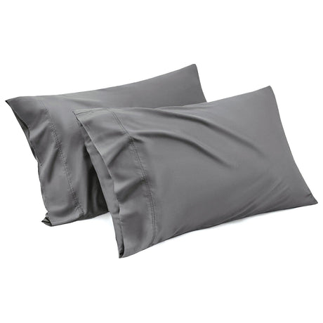 Grey microfibre standard pillow covers, 48x74 cm, machine washable.
