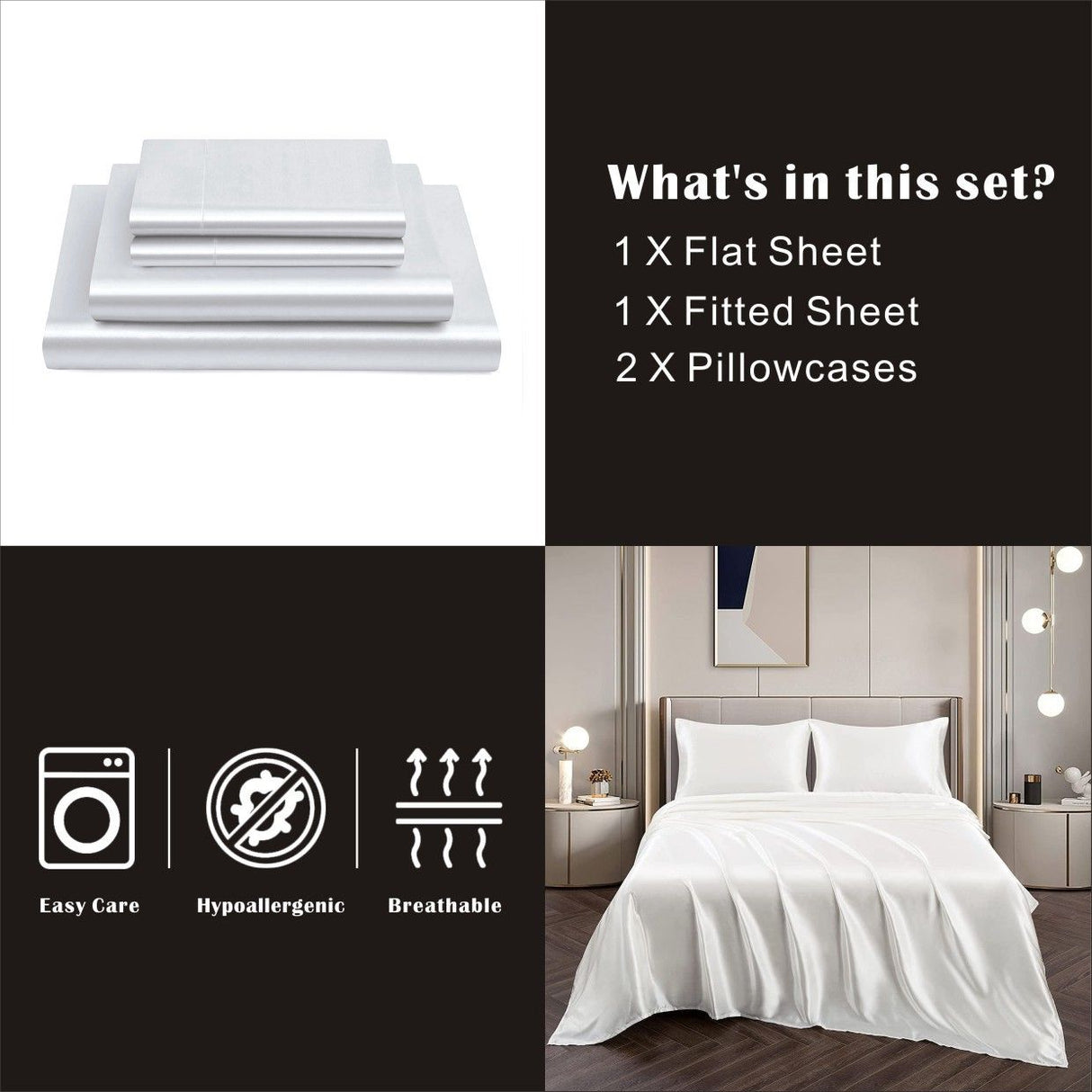 Art Silk Satin Sheet Set Hotel 4 Pieces Fitted/Flat Sheet Bedding Set-Luxury Soft Silky Sheets for Hair and Skin, Similar to Silk Bed Sheets Set 4 Pieces(Double,White)