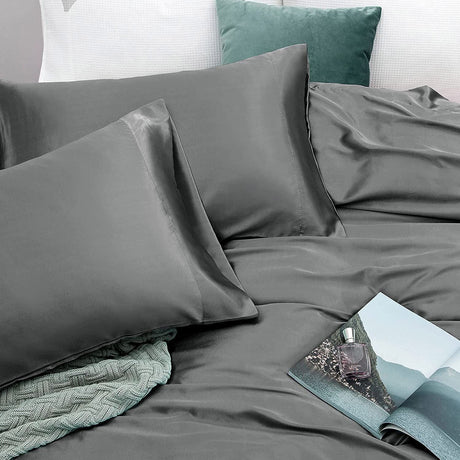Grey silk fitted flat sheet, 4 pieces, double size, machine washable.