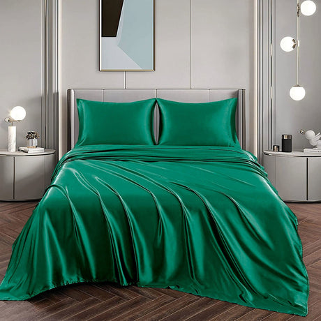 Green silk fitted flat sheet, 4 pieces, double size, machine washable.