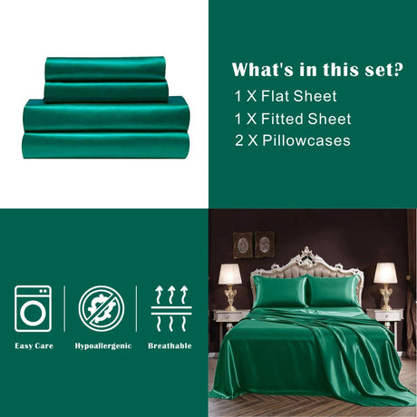 Green silk fitted flat sheet, 4 pieces, double size, machine washable.