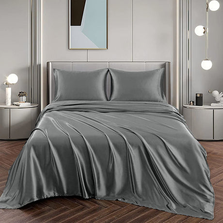 Grey silk fitted flat sheet, 4 pieces, queen size, machine washable.