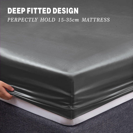Grey silk fitted flat sheet, 4 pieces, queen size, machine washable.