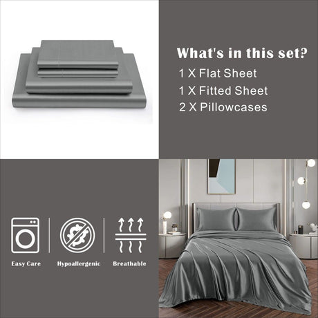 Grey silk fitted flat sheet, 4 pieces, queen size, machine washable.