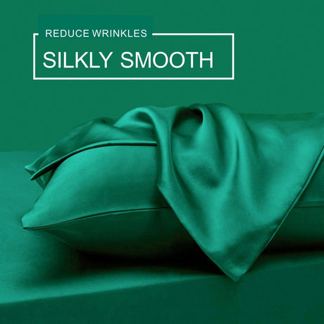 Green silk fitted flat sheet, 4 pieces, queen size, machine washable.
