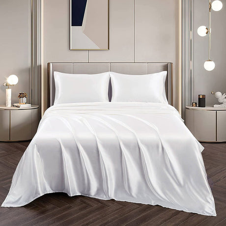 White silk fitted flat sheet, 4 pieces, super king size, machine washable.