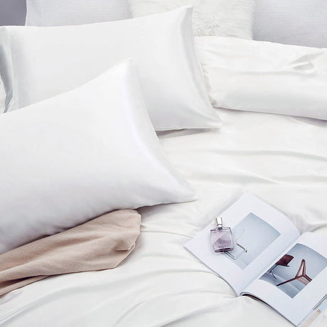 White silk fitted flat sheet, 4 pieces, super king size, machine washable.
