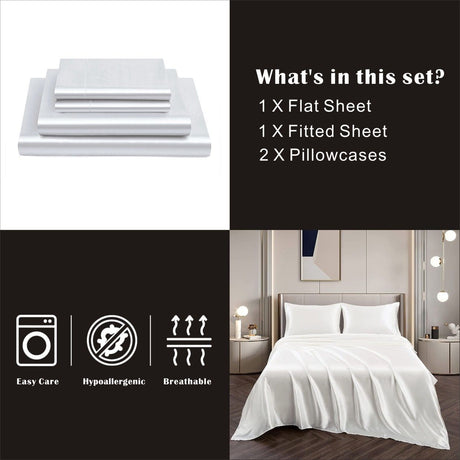 White silk fitted flat sheet, 4 pieces, super king size, machine washable.