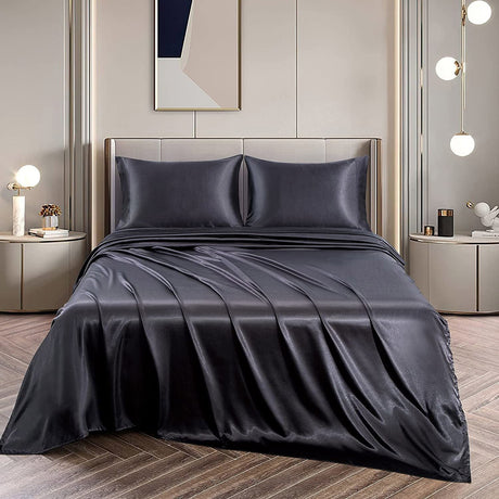 Black silk fitted flat sheet, 4 pieces, super king size, machine washable.