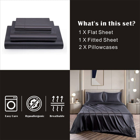 Black silk fitted flat sheet, 4 pieces, super king size, machine washable.