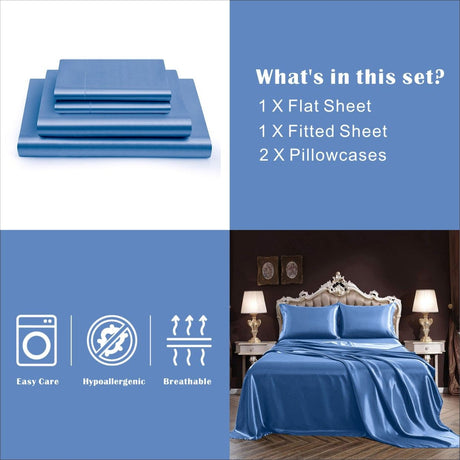 Silk fitted flat sheet, 4 pieces, super king size, machine washable.