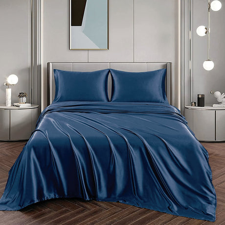 Navy silk fitted flat sheet, 4 pieces, super king size, machine washable.