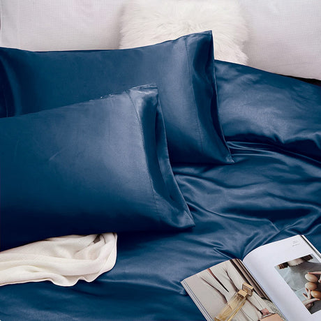 Navy silk fitted flat sheet, 4 pieces, super king size, machine washable.
