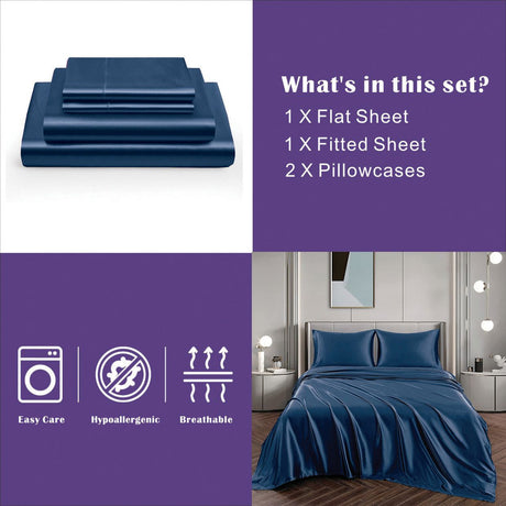 Navy silk fitted flat sheet, 4 pieces, super king size, machine washable.