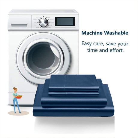 Navy silk fitted flat sheet, 4 pieces, super king size, machine washable.