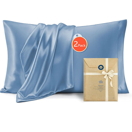 Blue silk pillowcase, 2 pack, breathable.