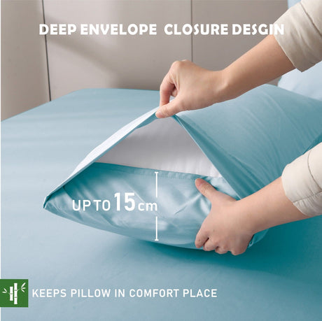 Sky blue bamboo fitted sheet, breathable.
