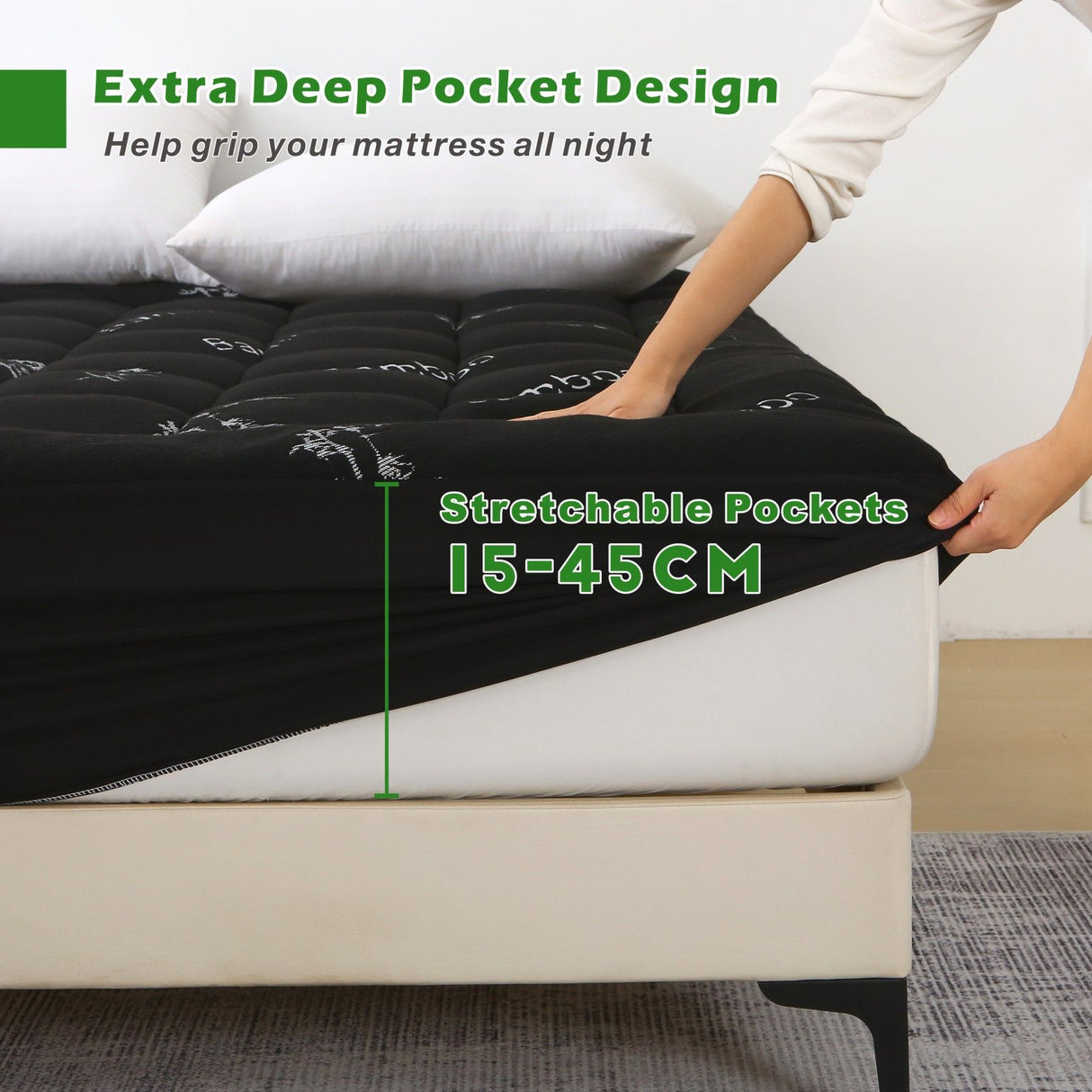 800GSM Mattress Topper Viscose Derived from Bamboo, Thick Pillowtop Fitted Mattress Cover with 45cm Deep Skirt - Machine Washable Hypoallergenic(Queen,,Black)