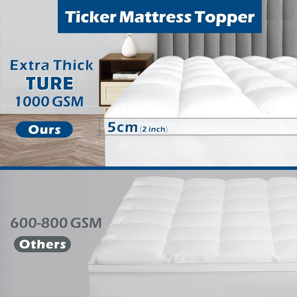 1000GSM Mattress Topper Viscose Derived from Bamboo, Thick Pillowtop Fitted Mattress Cover with 45cm Deep Skirt - Machine Washable Hypoallergenic（Single,Black）