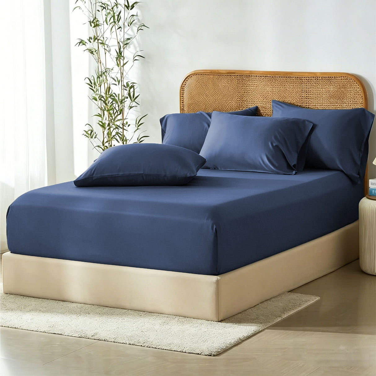 3 Piece Hotel Bamboo Cooling Fitted Sheet Set & Pillowcase -Ultra Soft 2000TC Breathable Fitted Bed Sheets Set with 37 Centimetre Deep Pocket-Cooling Sheets for Hot Sleepers(Navy,King)