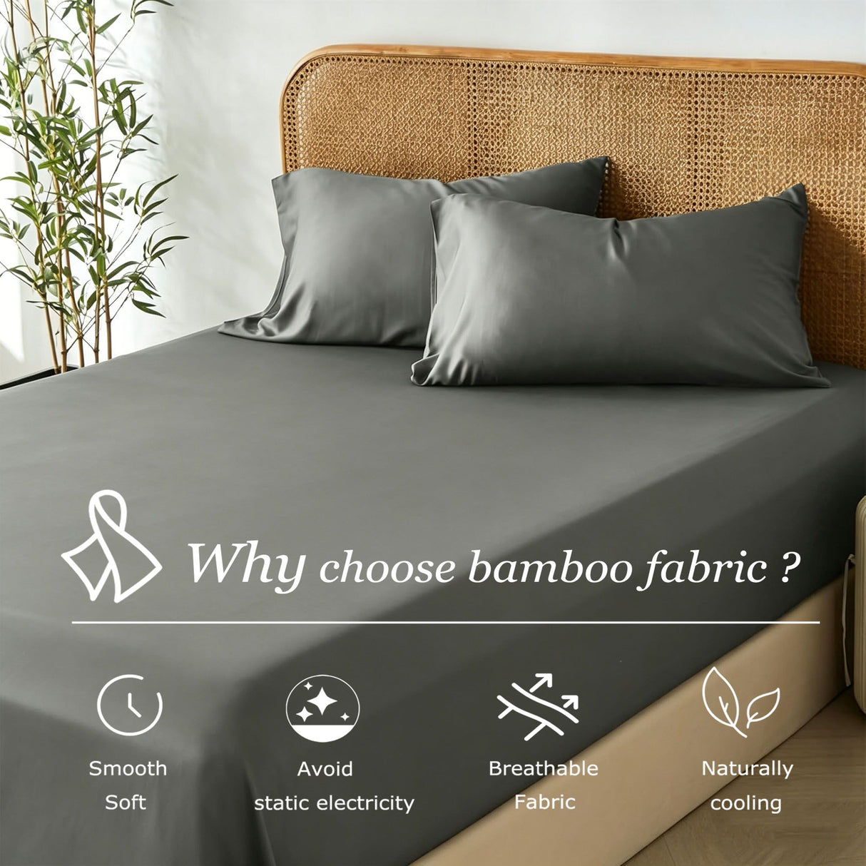 2 Piece Hotel Bamboo Cooling Fitted Sheet Set & Pillowcase -Ultra Soft 2000TC Breathable Fitted Bed Sheets Set with 37 Centimetre Deep Pocket-Cooling Sheets for Hot Sleepers(Grey,King Single)