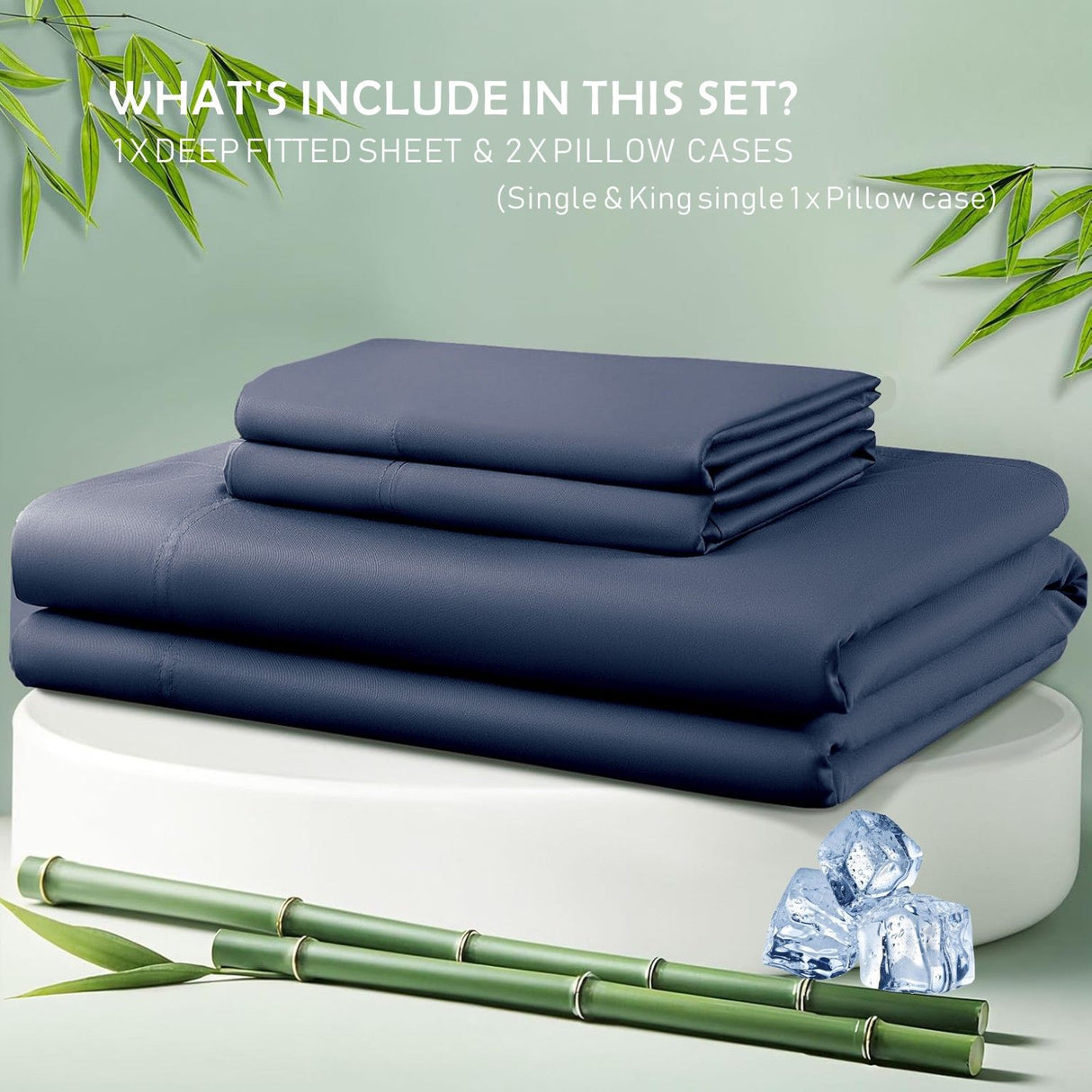 2 Piece Hotel Bamboo Cooling Fitted Sheet Set & Pillowcase -Ultra Soft 2000TC Breathable Fitted Bed Sheets Set with 37 Centimetre Deep Pocket-Cooling Sheets for Hot Sleepers(Navy,King Single)