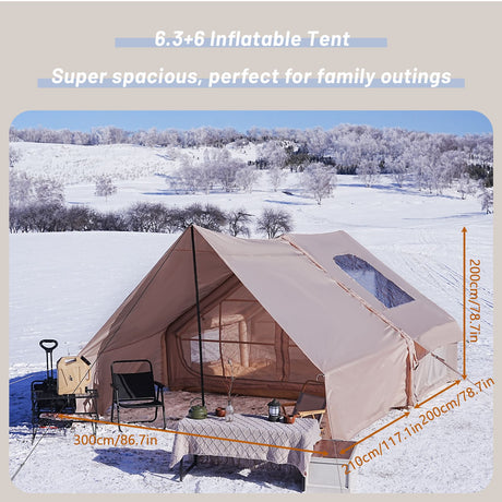 Inflatable tent, supplied with a carry bag.