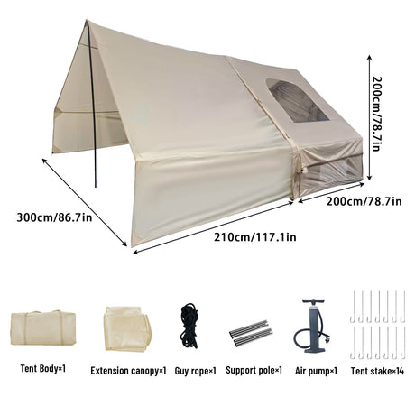 Inflatable tent, supplied with a carry bag.