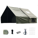 Green inflatable tent, supplied with a carry bag.